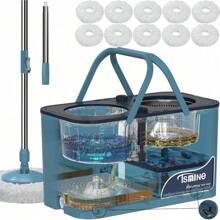 Spin Mop Bucket With Wringer: 4-Chamber (Dirty/Clean Water), 6 Replacement Heads & 4 Wheels – Home Cleaning - 藍/灰+10個拖把頭 - 查看 2