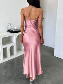 Look Polly 女士连衣裙，纯色真丝长裙，吊带裙，婚礼宾客礼服，秋季女装，返校装，派对礼服，露肩连衣裙，正式礼服，优雅性感高开衩长裙，返校正式礼服，万圣节服装，女士约会之夜装，女士圣诞节装 - 粉色 - 查看 8