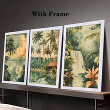 1/3 piezas Decoración de pared de acuarela retro de selva tropical de vacaciones, decoración de pared de cascada, arte de decoración de pared opcional, póster de acuarela hawaiano, mural decorativo del hogar de vacaciones, decoración del hogar, póster de lienzo - Multicolor - Ver 30