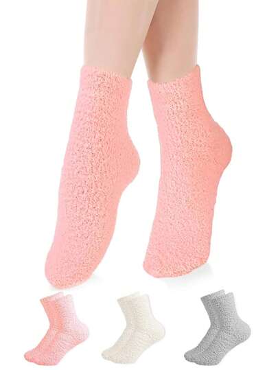 2双珊瑚绒柔软保湿女士袜子，蓬松防滑保湿芦荟袜，男女冬季睡眠保暖修复干裂（亮粉色、奶油色、浅灰色）