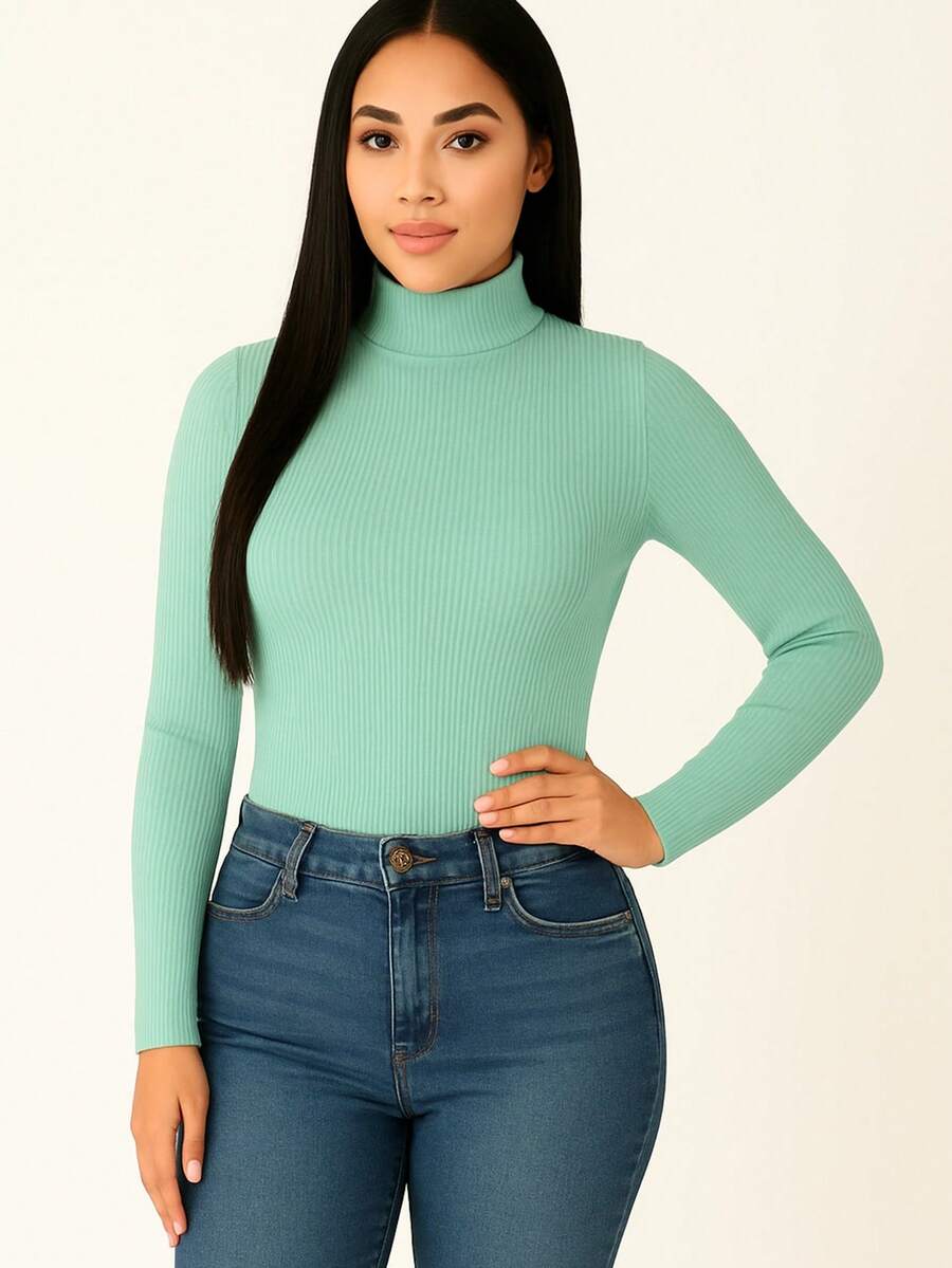 Cacharrel Women's Ribbed Blouse, Mid-Neck, Long Sleeve, Second Skin, Simple Casual Fashion - Mint Green - View 1