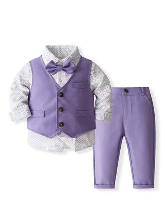 KIMOCAT 3pcs Toddler Boys' Shirt, Vest & Pants Set, Printed Gentleman Suit For Party & Formal Events, Spring