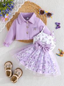 Baby Girls' Elegant Ruffle Trim Long Sleeve Butterfly Embroidered Jacket Paired With Minimalist Butterfly Print Mesh Dress 2pcs Set