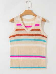 Acelitt Women's Khaki Striped V-Neck Knit Sweater Vest, Autumn/Spring - Khaki - View 4