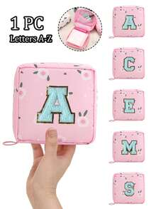 A-Z First Letter Towel Pearl Embroidered Portable Sanitary Napkin Storage Bag - Large Capacity Waterproof Cartoon Design - Suitable For Girls In Their Menstrual Period! Waterproof Cosmetic Travel Bag, Coin Wallet, Teen Girl Cash Bag
