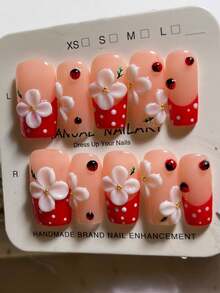 10pcs Nail Tips, Handmade Full Cover French Manicure In Square-Shaped Medium-Long Length, Cute Red Polka Dot French, 3D Hand-Painted Floral Design, 3D Insects, Natural Nude Base, 2.5cm Square Duck Mouth Shape, High-End Minimalist Vacation Style, 3D Carved Elegant Nails, Cute Hot Girl Nails, Suitable For Women And Girls For Daily And Party Wear, Full Cover Press-On Nails Long (Packaging Card Random) - Multicolor - View 5