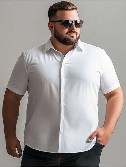 Plus Size Men's Business Casual Short Sleeve Navy Blue Shirt, Solid Color Versatile