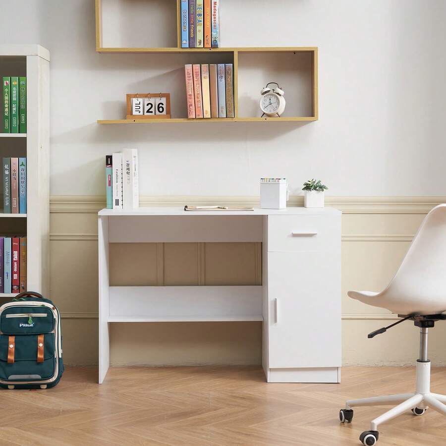 Small Desk With Drawer, Kids Desk For Bedroom, Wooden Simple Study Table For Drawing, Reading, Writing, Rectangle MDF Study Storage Table With Adjustable Shelf For Home, Office, White - White - View 1