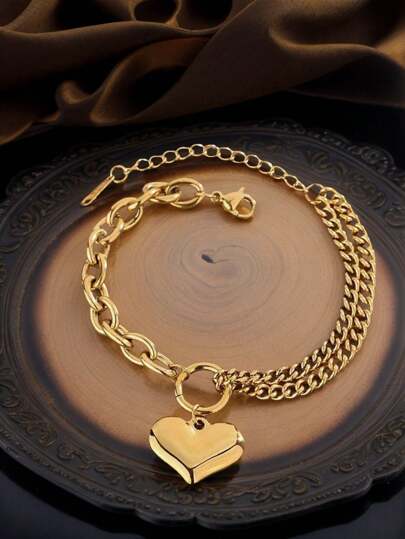 1 pieza Brazalete de mujer de metal dorado con decoración de corazón de lujo, adecuado para fiestas, banquetes y uso diario