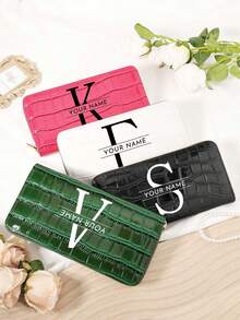 1 pieza Billetera larga personalizada con nombre y letras A-Z, Portacartas con diseño de firma personalizada, Billetera larga personalizada con nombre y letras A-Z, Portacartas personalizado con firma, Nueva billetera retro larga de mujer, Puede contener teléfono, bolsa de almacenamiento multifuncional, bolsa larga para tarjetas de mujer - Negro - Ver 2