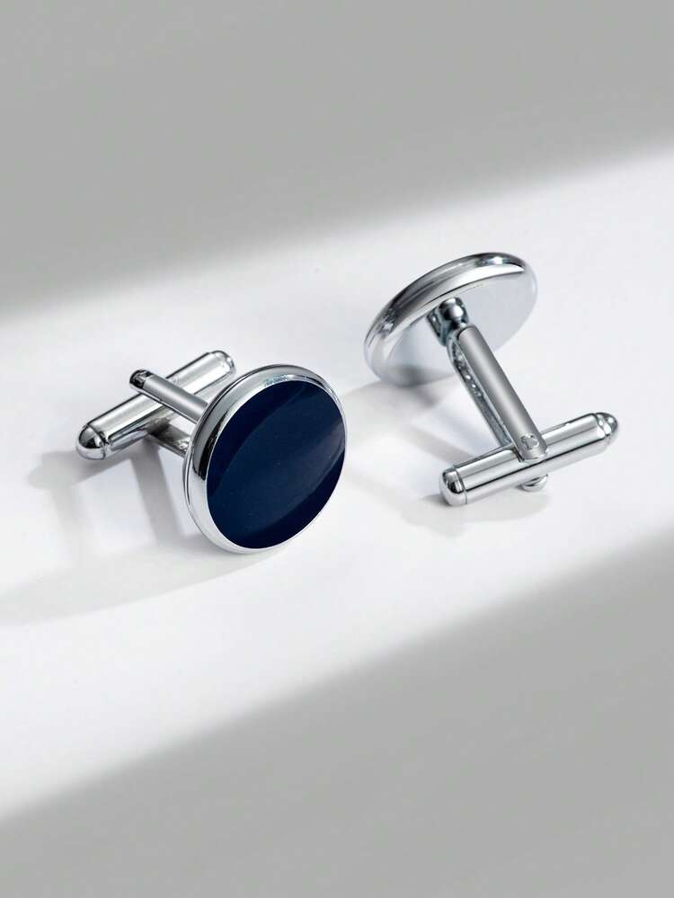 1 Pair Basic Blue Oil Drop Round Cufflinks, Formal Suit Accessory, Daily Business Fashion Cufflink Set - Navy Blue - View 4