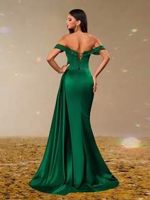 翠绿色缎面露肩晚礼服，性感开衩女士礼服，闪光吊带垂坠紧身舞会礼服，优雅长裙，适合派对、庆典、婚礼宾客 - 綠色 - 查看 2