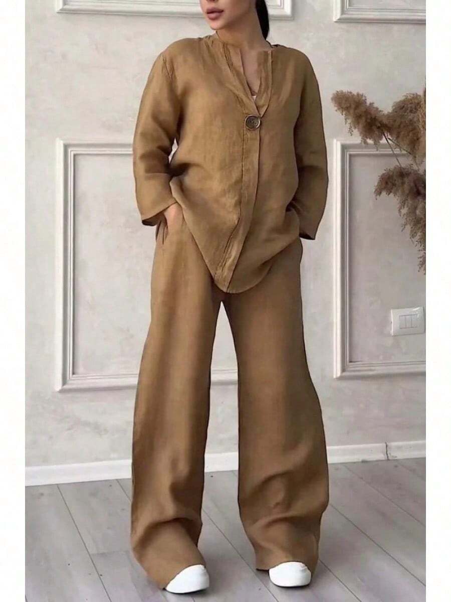 Women's Multicolor Cotton-Linen Suit 2025 Summer - V-Neck Long Sleeve & Long Pants - Camel - View 1