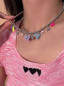 波西米亚风韩式彩色糖果星星流苏吊坠项链，甜美心形链条，Y2K美学饰品