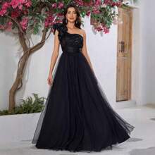 Women's Ball Gown Evening Dress With Three-Dimensional Flowers, Single Shoulder Decorated With Mesh, Elegant And Graceful Evening Dress - CJL20115