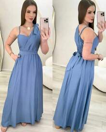 Women's Long Dress With Straps, Elegant Bow, Chic Party, Wedding, Graduation, Evangelical Fashion, Bojo - Màu xanh lam - Xem 1