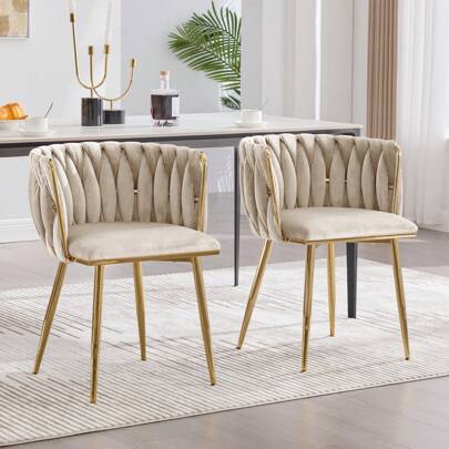 Velvet Dining Chairs Set Of 2, Woven Upholstered Dining Chairs With Gold Metal Legs, Modern Accent Chairs For Living Room, Dining Room, Kitchen