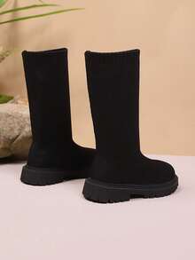 1 Pair Black Elastic Knit Toddler/Kids Leg Warmers, Round Toe Thick Sole Slip-On Design, Breathable Mid-Calf Boots, Suitable For 3-12 Years Old Boys/Girls, Casual Indoor/Outdoor Wear, Autumn/Winter