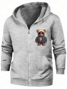 1件装 青少年男童宽松休闲运动百搭小熊印花连帽卫衣外套，秋冬季 - 灰色 - 查看 2