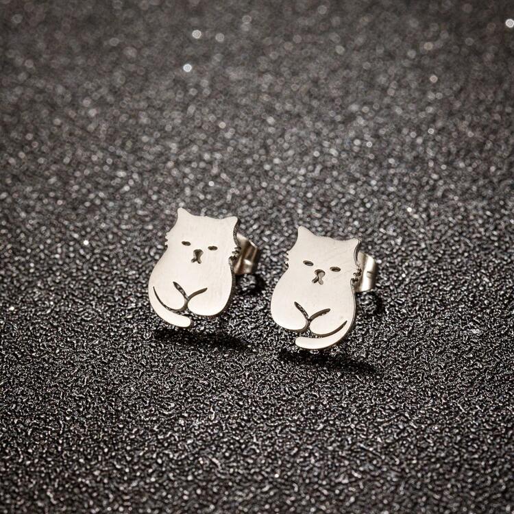 1 par de pendientes pequeños de animales de acero inoxidable, pendientes de gato y perro simples y lindos adecuados para mujeres, apropiados para uso diario, regalo de joyería - Plateado - Añade 11