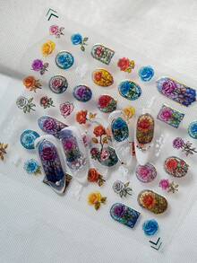 1 Stück Blumen Nail Art Aufkleber, geprägtes Muscheldesign mit Glanz, handbemalte Rosen, mit mehrfarbigen Rosen, Pfingstrosen und europäischen Architektur Fenstermustern, geeignet für persönliches DIY und Nagelstudios Nägel Nagelbedarf Nagelaufkleber - Verschiedenfarbig - Übersicht 2