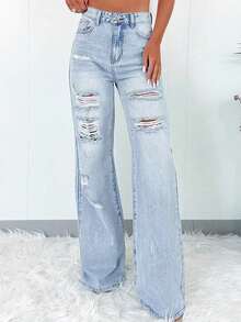 Fashionable Elegant Stylish Personalized Street Details Ripped Button Jeans, Suitable For Single's Party, Back To School Season, Valentine's Day, Casual, Night Out, Travel, All Seasons Spring - Blue - View 4