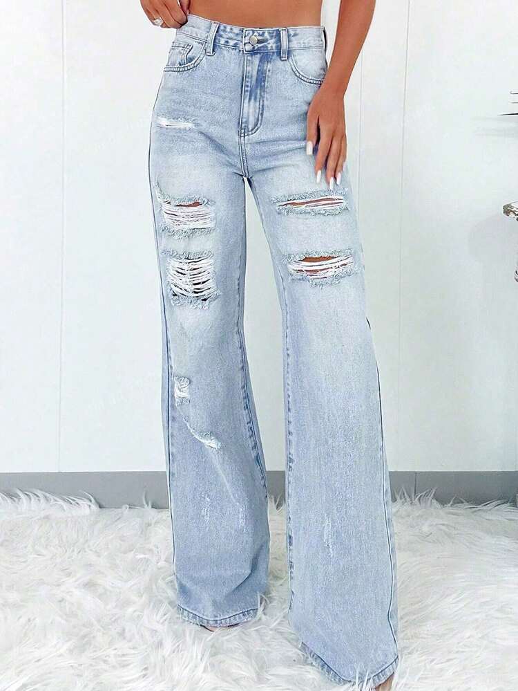Calça Jeans Rasgados Personalizados Elegantes e Estilosos com Detalhes de Rua, Adequados para Festa de Solteiros, Volta às Aulas, Dia dos Namorados, Casual, Noite Fora, Viagem, Todas as Estações da Primavera - Azul - Visão 3