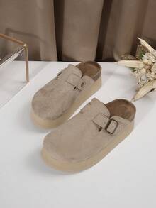 女士时尚休闲一脚蹬厚底乐福鞋，厚底半包边休闲一脚蹬平底鞋，春/秋，穆勒鞋 - 卡其 - 查看 3