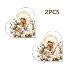 1 pezzo Ornamento da battesimo in acrilico con tema di Gesù e Vergine Maria - Elegante targa decorativa da scrivania con design a forma di cuore, decorazione per il plenilunio di nascita, regalo cristiano per le donne, decorazione per compleanni, ricordo religioso, decorazione per uffici domestici, decorazioni da tavolo