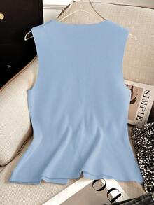 Damen Lässig Einfarbige Strickjacke mit geraden Schultern, ärmelloser Kragen, Metallknöpfen, kurzer V-Ausschnitt, offener Vorderseite, Strickweste für Frühling, Sommer, Herbst