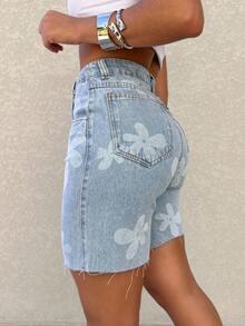 Kissmelady 8414 Button Pocket Raw Hem Zipper Floral Short Jeans 8414 - Rửa trung bình - Xem 10