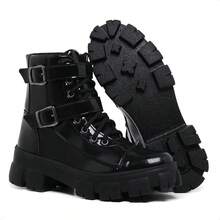 Rock Life Blogger Combat Boot With Two Buckles And Tractor Sole Myrol Outlet - 黑色清漆 - 查看 3