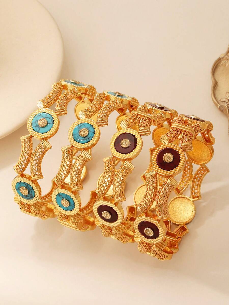 1 件铜镀金手链，带仿绿松石装饰和可打开的手镯，适合中东女性日常节日生日礼物 - 可開口手鐲 - 查看 1