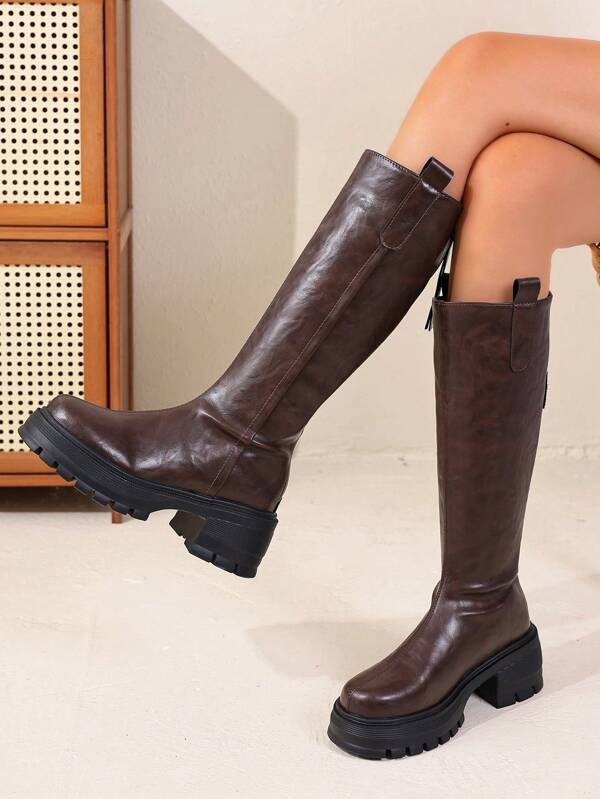Autumn/Winter New Round Toe Leather Zipper Back Elastic Boots, Super Light Thick Sole Chunky Heel Over-The-Knee Boots, Multi-Scenario Black, Beige, Brown Comfortable Versatile Casual Riding Boots