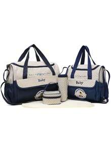 Set di 5 borse da mamma ricamate con motivo orsetto alla moda, in grado di contenere molto, borsa a tracolla multifunzione per mamma e bambino, borsa fasciatoio
