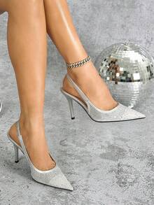 Zapatos de tacón alto de punta fina para mujer, con diseño calado, de moda para fiestas y uso al aire libre, elegantes, bombas de mujer, elegantes, atuendos de verano - Plateado - Ver 3