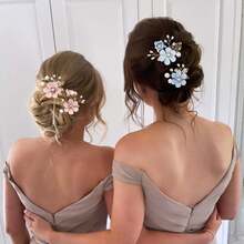 4 Pieces Pink Bridal Flower Wedding Hair Pins Pearl Hair Pins Clips Headpiece Gold Wedding Hair Accessories Jewelry With Brides Bridesmaids Women Girls Updovalentine's Day SEMZ - 藍色 - 查看 4