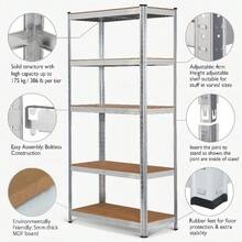 Vandise HEAVY-DUTY SHELVING 170x75x30 Cm | 175 Kg Per Shelf | 5 Height-Adjustable Shelves | SCREWLESS Design | Metal Storage Shelving For Garage, Basement, Workshop | Complete Set | Industrial-Grade Up To 875 Kg (Total) | Quick Assembly | Steel Frame | Ideal For Tools, Tires, Beverage Crates, Files, And Pantry Storage | Space-Saving | Rust-Proof Coating | Storage Organization | For Households And Businesses | Extremely Stable | Moisture-Resistant | Heavy-Duty Storage System | Universally Applicable (Workshop, Supermarket, Office, Garden Shed, Food Storage, Wine Storage, Archive, Hobby Room) | Shelving Without Drilling | Maintenance-Free | Heavy-Duty | Suitable For Euro Pallets | Stacking Shelving | Easy To Assemble | Robust Industrial Shelving - Bạc - Xem 9