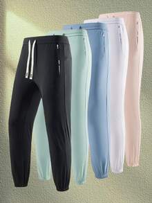 Women's Solid Color Fitness Running Workout Fashionable Outdoor Exercise Sheer Drawstring Elastic Waist With Cuffed Leg Pants, Girlfriend Style Gym Fitted Yoga Outdoor Workout Running Cycling Cropped Sport Trousers, Great Gift For Girlfriend