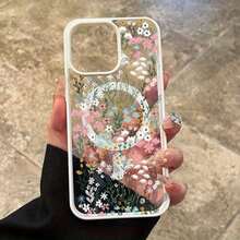 Funda protectora mate con carga inalámbrica para phone 16, 15, 14, 13, 12 Pro/16, 15, 14 Plus/13, 12, 11 Pro/X. Diseño floral con anillo magnético. Fabricada en TPU acrílico con orificio grande. Absorción de impactos y protección anticaídas. - Negro - Ver 3