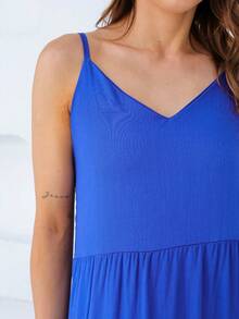 Women's Long Viscose Dress With Adjustable Straps - 寶藍色 - 查看 3