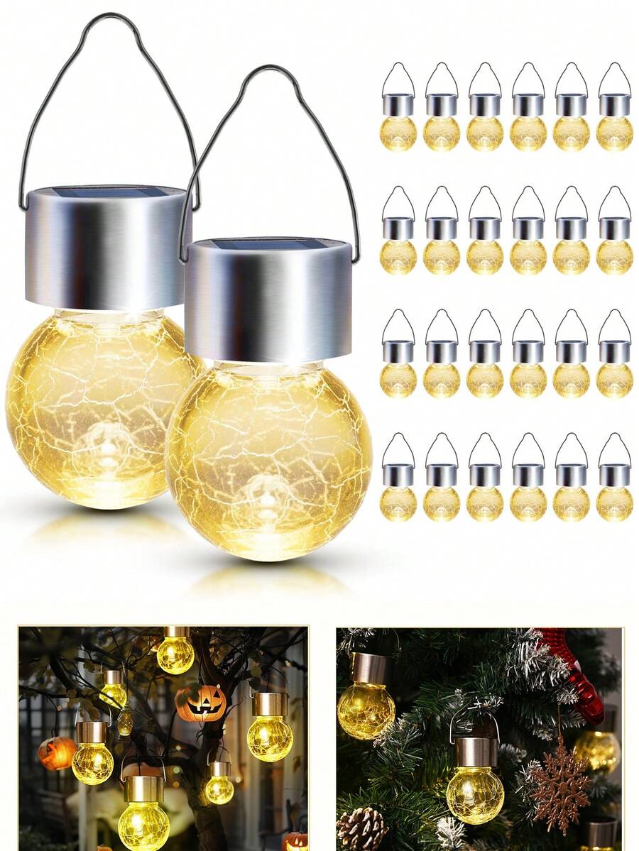 Solar Lights Outdoor Waterproof ,3pcs Solar Hanging Lights Garden Decor,Gifts For Women Mom Grandma,Solar Outdoor Lights Lantern Cracked Glass For Yard, Fence, Tree,Christmas Decorations(Warm White)