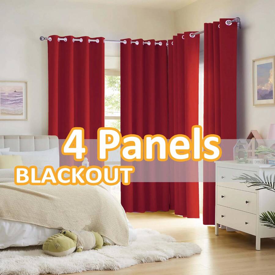 4PCS/SEET- Bedroom Blackout Curtains Panels -  Sun Blocking, Triple Weave Thermal Insulated Solid Grommet Blackout Draperies - Easy To Install