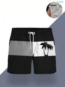 Men's Summer Printed Pattern Drawstring Waist Slant Pocket Hawaiian Quick-Dry Double-Layer Mesh Lined Shorts, Contrast Coconut Tree 3D Graphic, Fashionable Casual Beachwear Swim Trunks