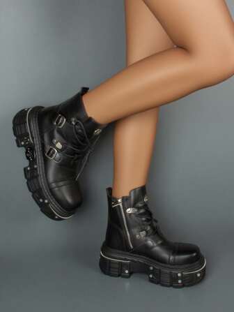 女士新款朋克靴黑色系带高跟厚底鞋女士哥特式踝靴金属装饰女士运动鞋时尚 Y2k 户外短靴