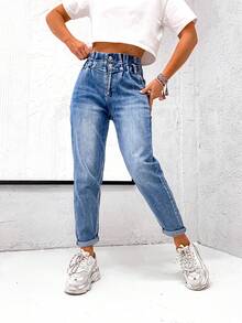 Women's Casual Skinny Jeans, Solid Gray Color, Denim Fabric With Pockets And Zipper, Suitable For Spring, Summer, Winter - Blue - View 1