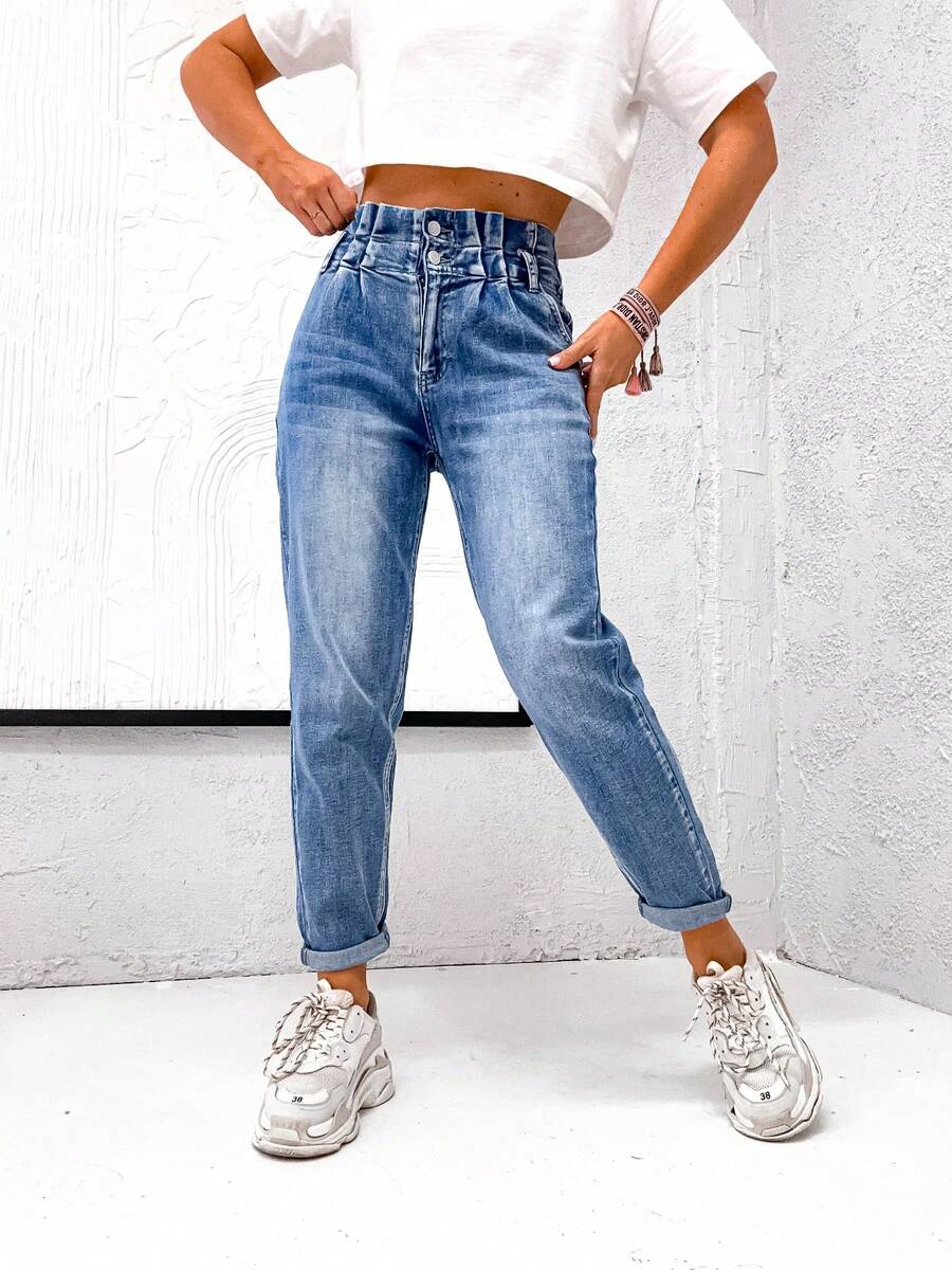 Women's Casual Skinny Jeans, Solid Gray Color, Denim Fabric With Pockets And Zipper, Suitable For Spring, Summer, Winter - Blue - View 1