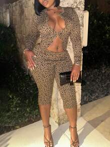 豹纹长袖上衣和紧身裤套装 - 棕色 - 查看 3