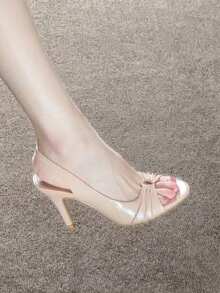 2026新款露趾 peep toe 透視網紗蕾絲刺繡蝴蝶結厚底涼鞋，性感細高跟女鞋 - 粉色 - 查看 3