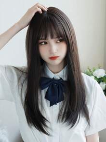 24 Inch Gold Straight Wig With Bangs, Suitable For Women's Daily Wear, Heat Resistant Synthetic Wig